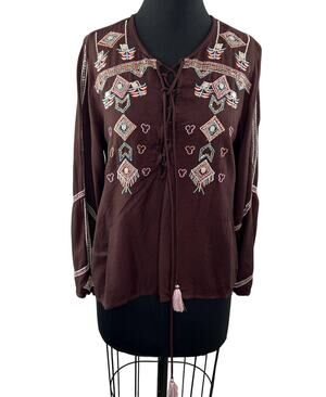 SAVAGE CULTURE Brown Embroidered Beaded Boho Lace Up Tunic Top Western M